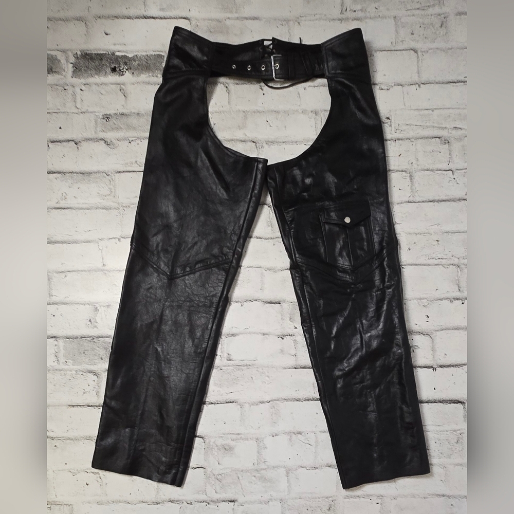 Vintage Cherokee RoadGear Leather Motorcycle Chaps Black Size 36 Biker Riding